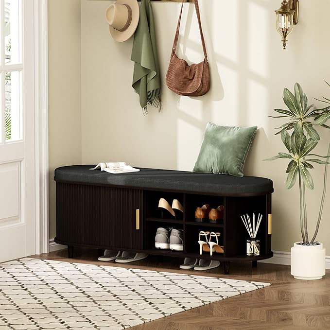 Entryway Bench with Storage: 51.2" Wooden Bedroom Shoe Bench with Thickened Padded Seat Cushion, Mid Century Modern Fluted Sliding Door and Adjustable Shelf, for Entryway, Living Room