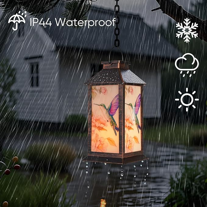 Homemory Hanging Solar Lanterns Outdoor Waterproof, Solar Hummingbird Lights with LED Flickering Flameless Candles, Gifts for Women Mom, Outside Lantern Decoration Garden,Yard,Patio,Lawn