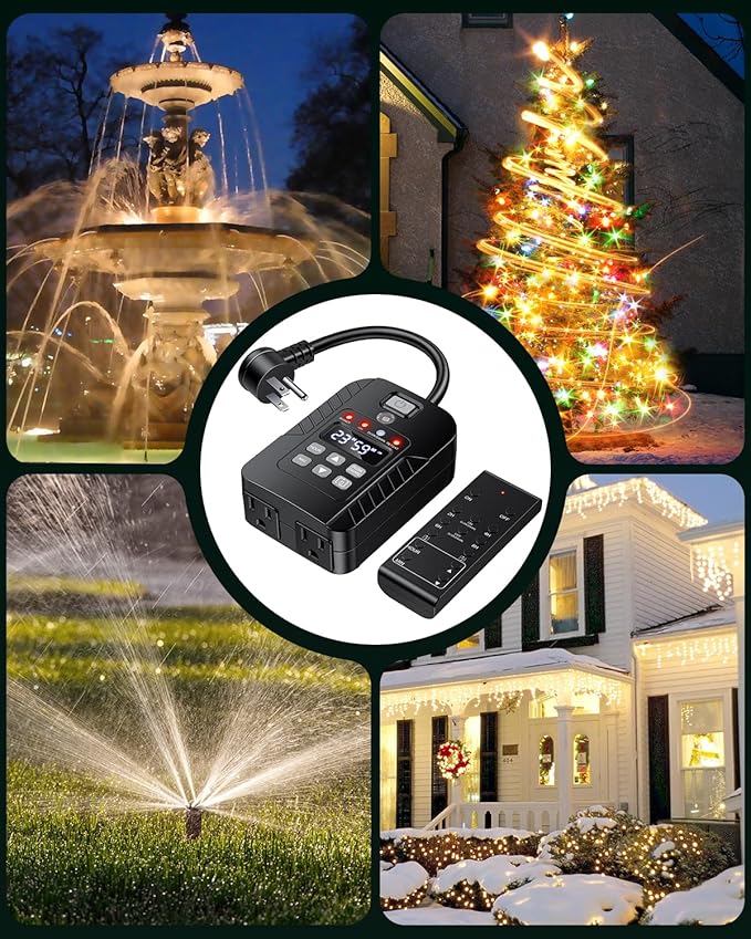 Outdoor Light Timer Waterproof, Remote Control Dusk to Dawn Sensor Timer, 100 FT Range, Plug in, 2 Outlets Digital Timer Switch for Home and Garden, 15A/1875W