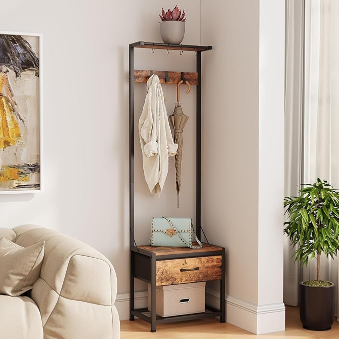 LUMTOK Hall Tree with Shoes Bench, Small Coat Rack with Fabirc Drawer and Shelf for Bedroom, 4-in-1 Entryway Organizer with Shoes Stool for Living Room, Entryway, Closets (Rustic Brown) (Brown, Small)