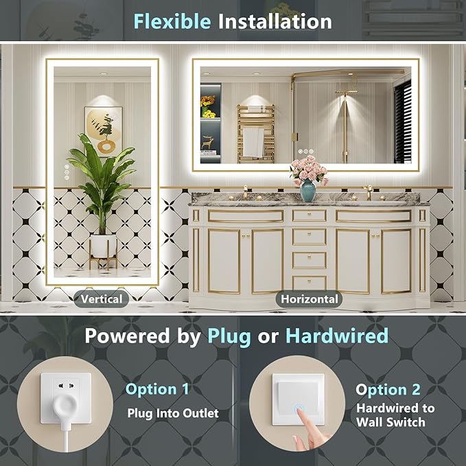 77x36 Gold LED Bathroom Mirror with Lights, Brushed Gold Framed Backlit and Front Lit Anti-Fog Lighted Vanity Mirrors for Bathroom Wall, Dimmable, 3 Colors, Memory, HD Tempered Glass, CRI＞90