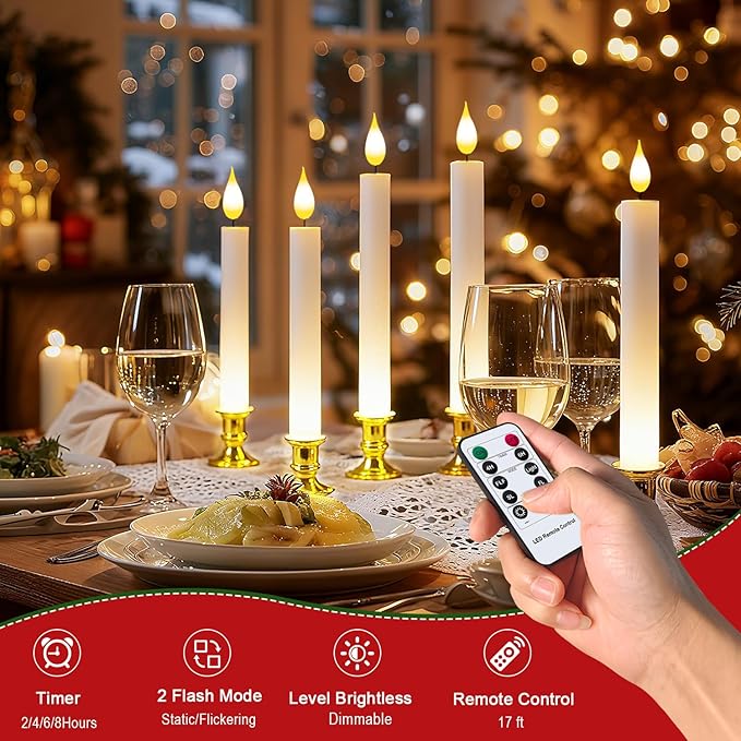 Pruk 10-Pack Flameless LED Candles w/Remote, Realistic Flickering Flame, Battery Operated Window Candles, Timer & Dimmer, Weighted Base, 10.8" Tall (Gold)