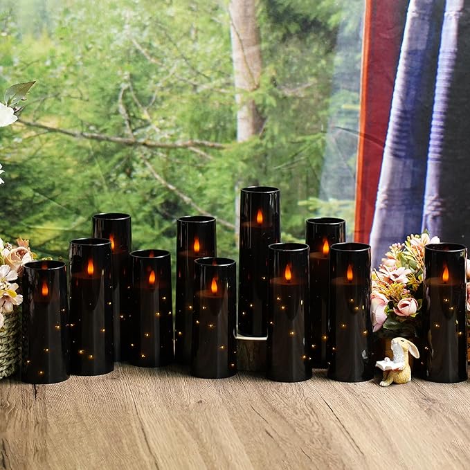 Flameless Candles with Embedded Star String - Battery Operated LED Candles, with Remote,12 Black Flickering Candles for Christmas, Weddings, Home Decor & Party,(D 2.3"×H 5" 6" 7")