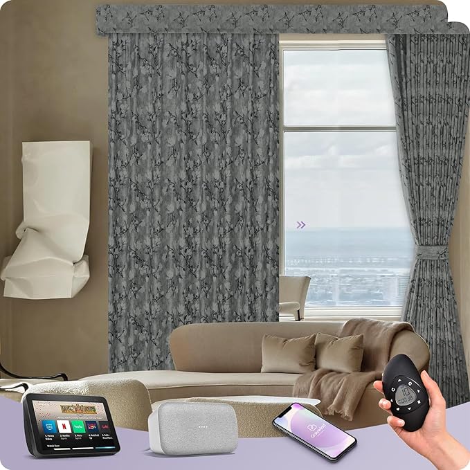 Graywind Hardwired Smart Curtains Compatible with Alexa Google Remote Control Motorized Drape for Sliding Door One-Way or Split Draw, Custom Width to 220" (Kapok Series)