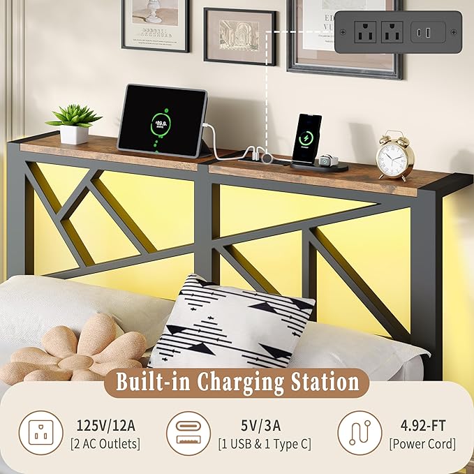 Full Size Black Metal Bed Frame with USB Charging Station, LED Ambient Lighting, and Wooden Storage Headboard - Includes Under-Bed Storage, No Box Spring Needed, Noise Free, Easy Assembly