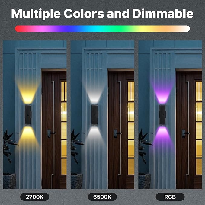 Outdoor Wall Lights 6 Pack, RGBCW Exterior Lighting Sconce,2700K-6500K Dimmable Smart Porch Lights Outdoor for House Patio Garage, Compatible with Alexa/Google Assistant, Bulb Included