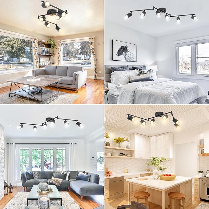 BoostArea LED 6 Light Track Lighting Kit, Black 6 Way Ceiling Spot Lighting, Flexibly Rotatable Light Head for Kitchen, Living Room, Bedroom, GU10 Bulb Not Included