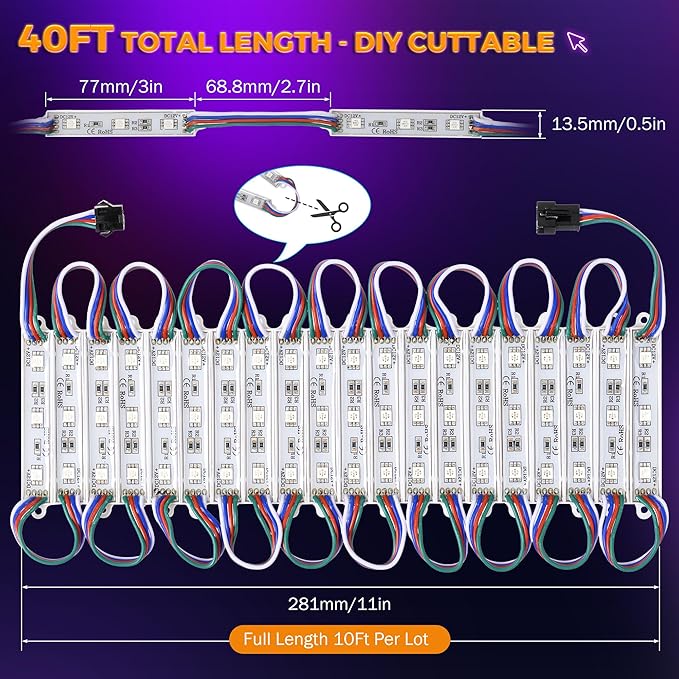 BEAMNOVA 40FT RGB LED Strip Lights Kit, 4 * Light Modules, 120V to 12V Transformer, Remote & Bluetooth App Control, Parallel-Control Design, IP65 Waterproof, Adhesive Commercial Storefront Lights