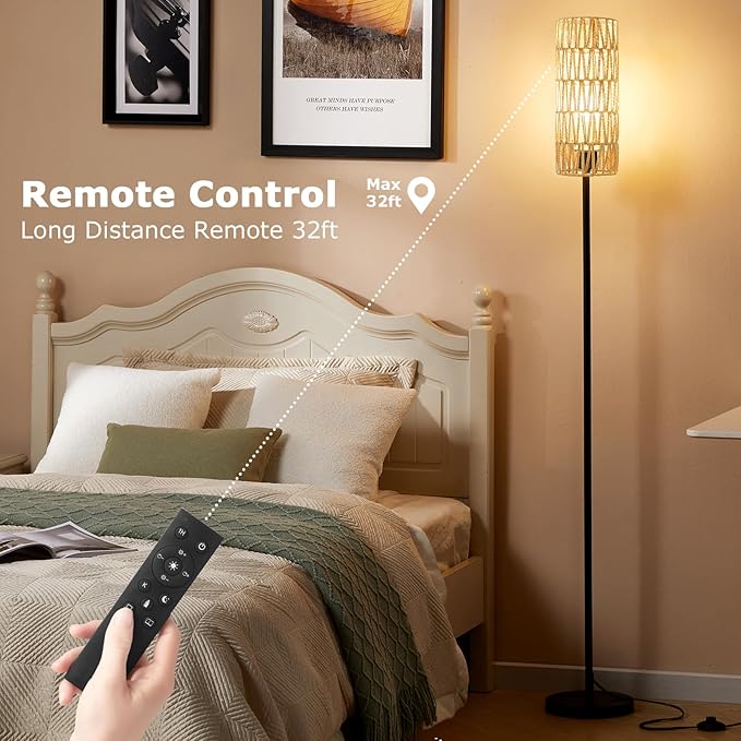Ambimall 64'' Floor Lamps for Living Room with Remote Control and Stepless Dimmable Colors Temperature & Brightness, Boho Black Standing Lamp with Beige Rattan Shade