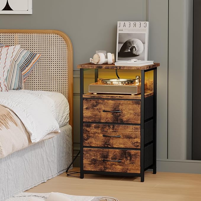 Fixwal Night Stand with Charging Station, LED Nightstand with Fabric Drawers, End Table with PU Finish, Bed Side Table, Rustic Brown (Pack of 2)