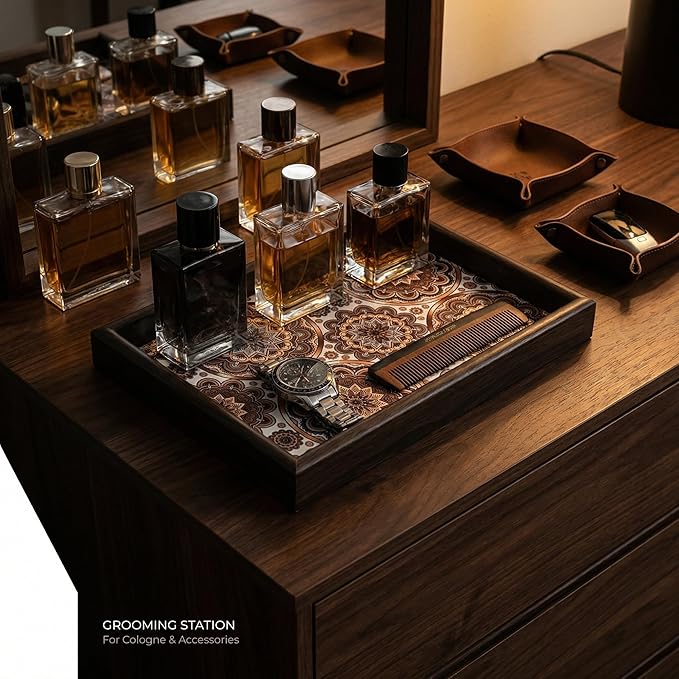 Zosenley Wooden Valet Tray with Leather Base - Nightstand Catchall Organizer for Cologne, Perfume, Keys, Wallet, Phone, Watch, Jewelry & Sunglasses (Bohemian)