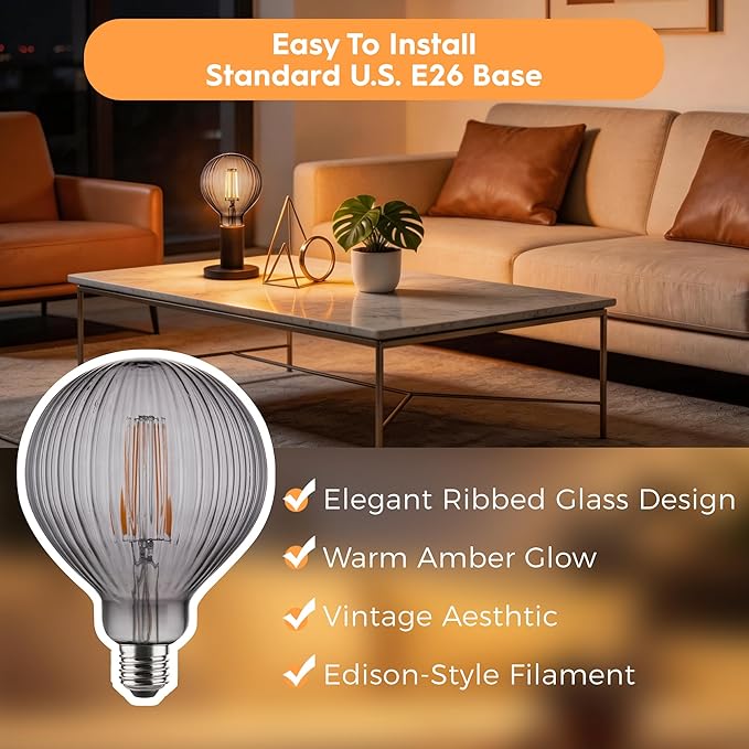 Vintage Edison LED Bulbs, Dimmable 4W Globe G125, 2200K Warm White Ambient Mood Lighting for Decoration, Squirrel Cage Filament, Smoke Striation Figure Glass LED Light Bulbs, E26 Base