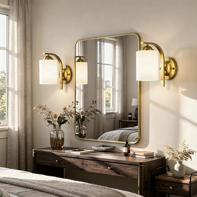 Wall Sconces Lights Lamp for Bedroom Bathroom, Modern Vanity Light Fixtures, Gold Farmhouse Wall Mount Lighting Lanterns with Glass Shade for Living Room Mirror Hallway Kitchen