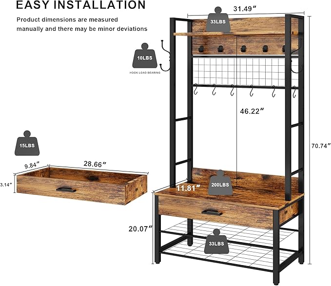 Recaceik Hall Tree with Bench and Shoe Storage, Entryway Coat Rack with Shoe Bench, Industrial Hall Tree with Drawers and 12 Hooks for Bedroom, Living Room