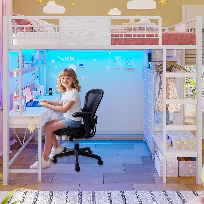 ADORNEVE Twin Size Loft Bed with Desk, 11 Storage Drawers & RGB LED Lights, Metal Loft Bed with Power Outlet, Shelves & Clothing Rack, 13.4" H Safety Guard & Paded Ladder, White