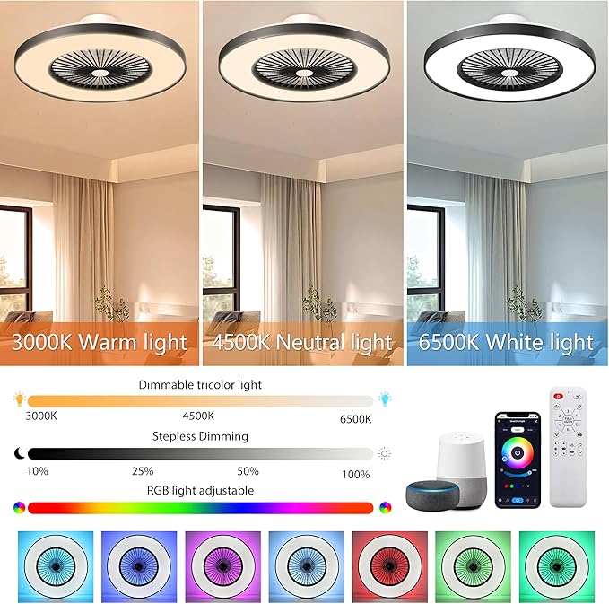 24" Bladeless Ceiling Fan with Light, Low Profile Ceiling Fan with with Alexa, Remote/APP/Voice Control, Modern Flush Mount Ceiling Fans Dimmable Color Chaning LED-RGB Ambient Light Black