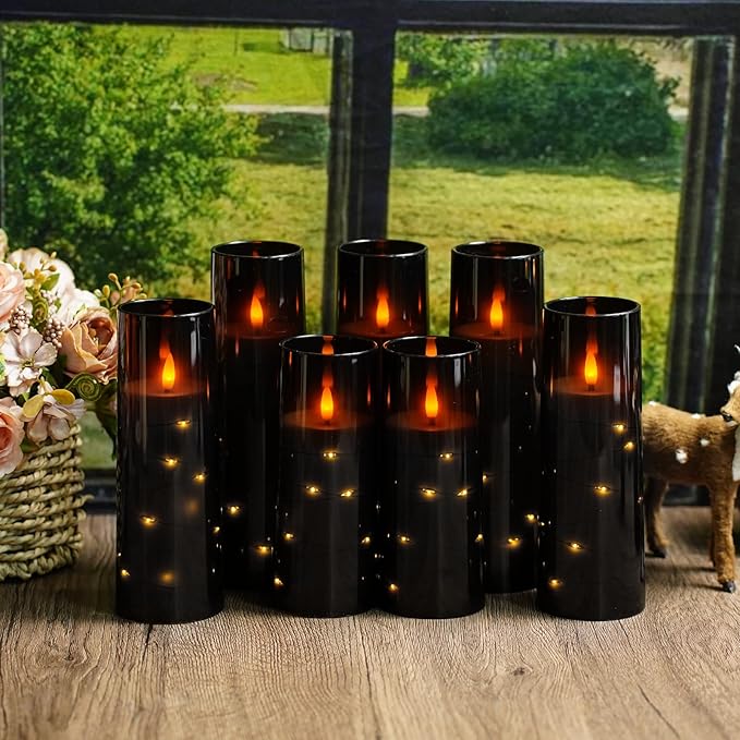Flameless Candles with Embedded Star String, Battery Operated LED Pillar Candles with Timer and Remote Control,Home Decorating for Ambiance， Set of 7(Black)