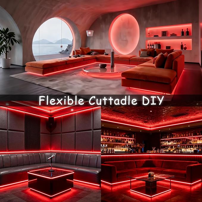 Red 50 Feet Led Lights Strip Indoor Rope Lights Easy DIY Cuttable Strip Lights for Wine Cabinet Bar Room Bathroom Living Room Kitchen Ceiling Wall Vanity Mirror Decor