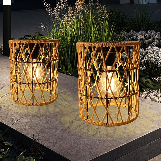 Hanging Solar Lanterns Outdoor Waterproof, 2 Pack Rattan Solar Hanging Lights, Outdoor Lamp Decorations for Yard Garden Pathway Patio Pathway Proch Table Decor
