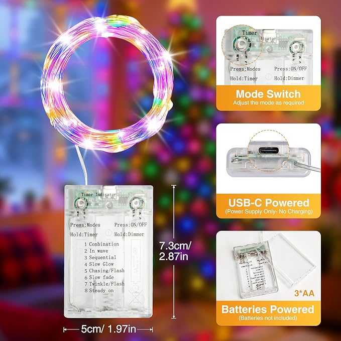 16FT 50 LED Fairy Lights Battery Operated with Timer, 8 Modes USB Mini Twinkle Light, Small String Lights for Christmas Tree Wreath Vase Bedroom DIY Party Decorations-Multi-Colored