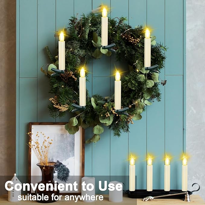 LED Christmas Candles, Flickering Clip on Candles for Christmas Tree, Battery Operated with Remote Timer, Warm White Light, Flameless Taper Candle for Home Christmas Decor, Set of 20