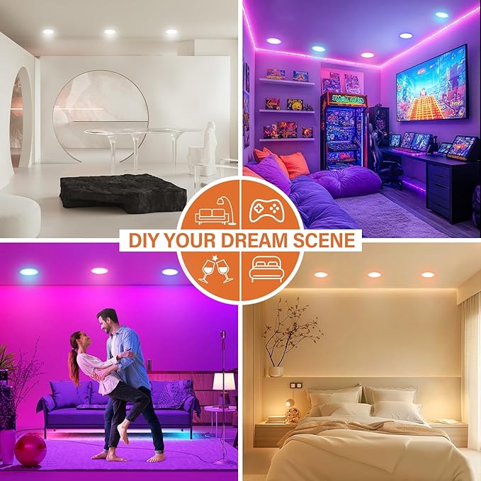 6Pack Smart RGB Recessed Light 6Inch,Ultra-Thin Canless LED Downlight,2.4GHz Wi-Fi Bluetooth Direct Connect,2700K-6500K,12W,1080LM,Work with App/Alexa/Google Assistant/Siri