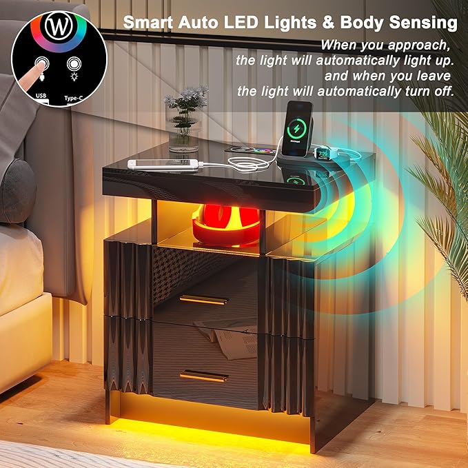 Nightstand with Wireless Charging Station,Set of 2 Bedroom Bedside Table with RGB Lights, Smart Night Stand with 2 Drawers, Bedside Tables Modern Bedside Table for Bedroom, Living Room(Black)