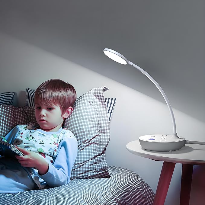 Bodun LED Desk Lamp with 2 USB Charging Port and 2 AC Power Outlet - Adjustable Gooseneck, 3 Level Brightness, Eye-Caring Small White Table Lamp for Home Office College Dorm Room Essentials