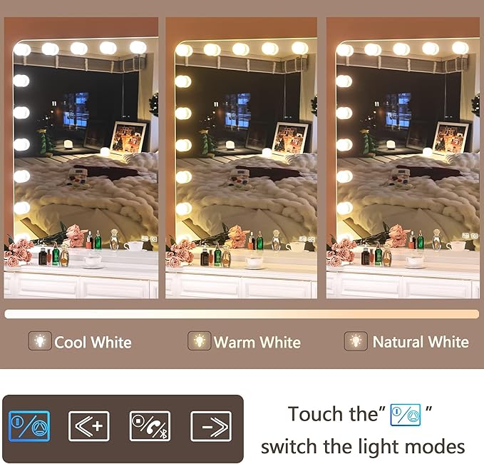 Hasipu Vanity Mirror with Lights and Bluetooth Speaker, 39.4" x 28.7" Hollywood Makeup Mirror with 21 Dimmable Bulbs and 10X Magnification, 3 Colors Modes, USB Charging Port, Type-C (White)