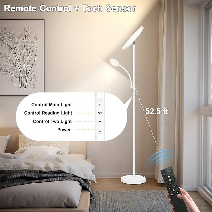 White Floor Lamp,Upgraded 42W/4200LM Bright Floor Lamp,Torchiere Floor Lamps with Reading Light,Modern Dimmable Standing Lamp with Remote,Floor Lamps for Living Room,Bedroom,Office