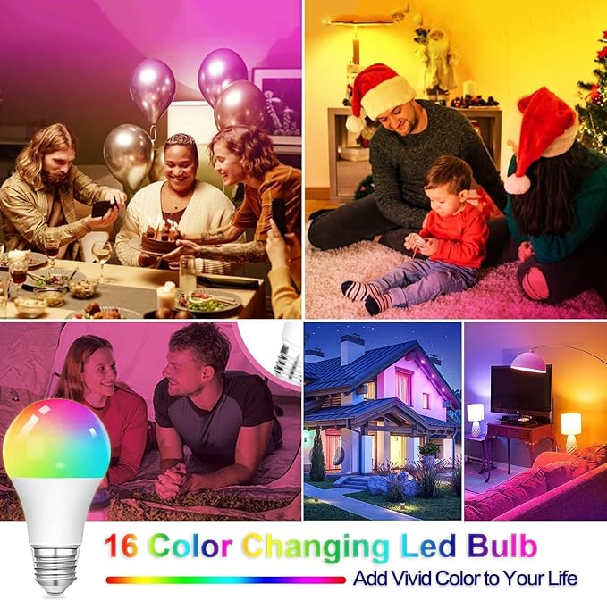 RGB Color Changing Light Bulbs,RGB LED Light Bulbs,9W Warm White 6500K,40W Equivalent,16 Color Multicolor A19 E27/E26 Dimmable Memory Function, for Home Decoration,Stage,Bar,Party