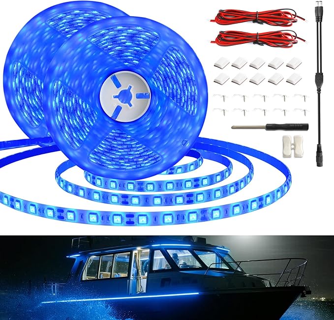 LED Boat Strip Lights, 12V 32.8FT Blue Light Strips, IP65 Waterproof Marine Lighting Kit for Pontoon, Yacht, RV, Outdoor