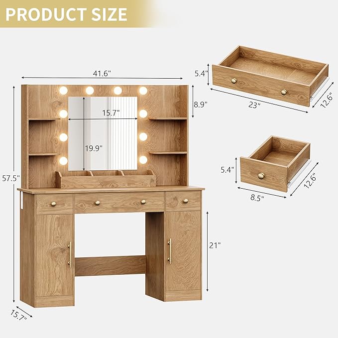 Vanity Desk with Mirror and Lights, 43'' Makeup Dressing Table Set with 5 Drawers & Power Outlet, 3 Lighting Modes Brightness Adjustable, Vanity with RGB Ambient Light for Women Girls Bedroom, Oak