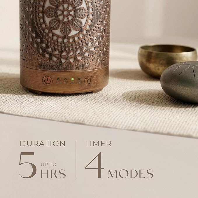 Earnest Living Essential Oil Diffuser Metal Diffuser 100 ml Timers Night Lights and Auto Off Function Home Office Humidifier Aromatherapy Boho Decor Gift