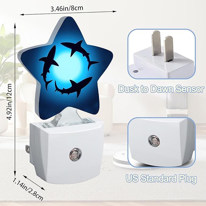 Night Light,Coastal Shark Plug into Wall with Dusk to Dawn Light Sensors,Blue Ocean Sea Warm Star Nightlights for Bedroom,Bathroom,Hallway,Kitchen Home Decor Desk Lamp