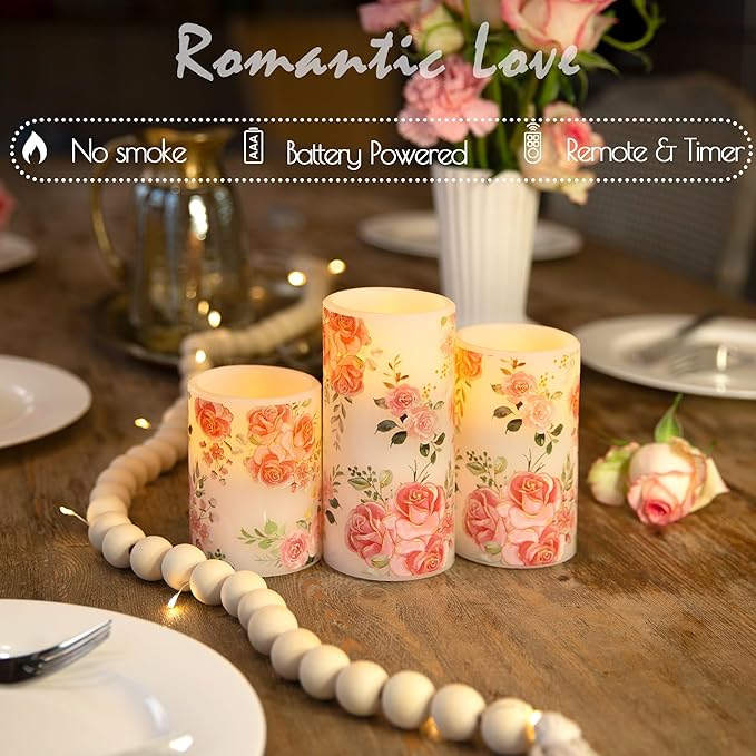 Flameless Candles with Remote, Battery Operated Candles Real Wax Pink Rose Flickering LED Candles Floral Christmas Decor Electric Pillar Candles Set of 3