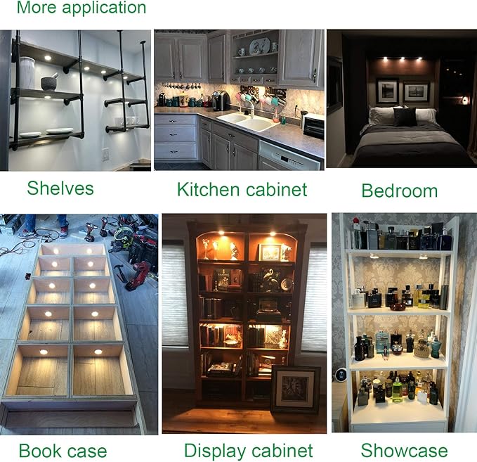 AIBOO Linkable Under Cabinet LED Lighting 12V Slim Aluminum Dimmable Puck Lights with RF Remote Control & UL Listed Plug for Display Bookshelf Lighting(8 Lights, Daylight White)