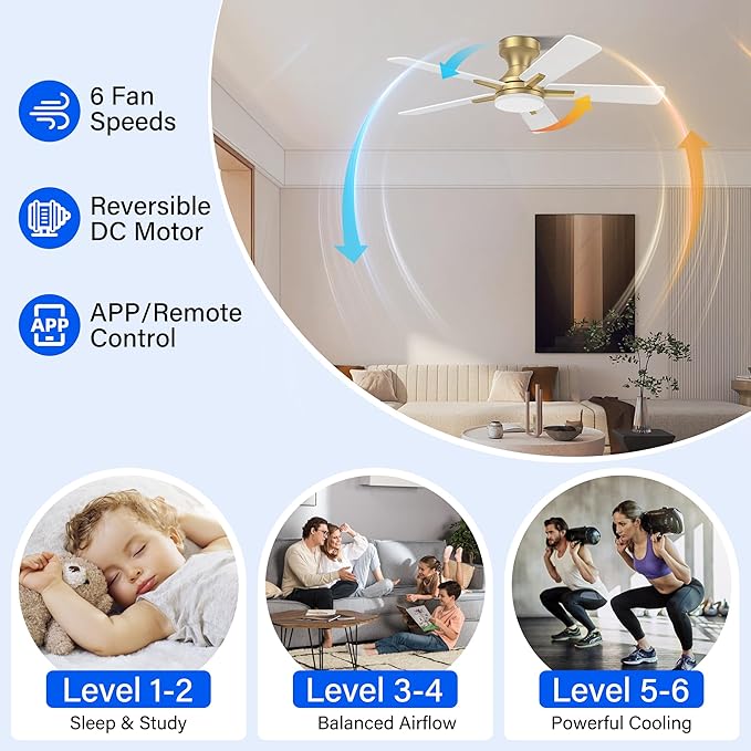 42 Inch Ceiling Fans with lights,RGB Low Profile Ceiling Fan with Light and Remote Control,Modern Flush Mount Ceiling Fans for Bedroom,Patio,Porch,Outdoor Indoor Use,in Black White and Gold,Quiet