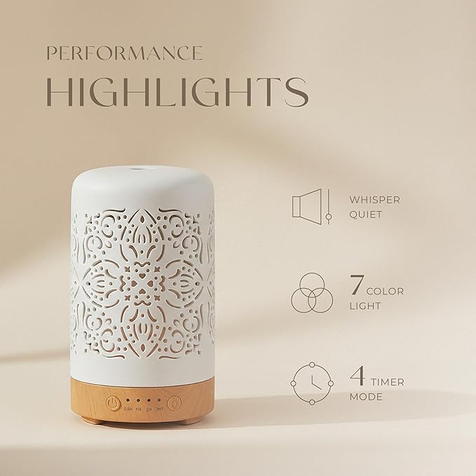 Earnest Living Essential Oil Diffuser White Ceramic Diffuser 100 ml Timers Night Lights and Auto Off Function Home Office Humidifier Aromatherapy Diffusers for Essential Oils