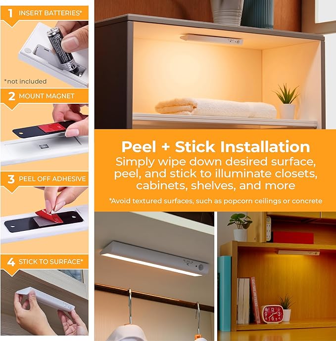 Battery Operated Under Cabinet Lighting, Motion Sensor On/Off, Warm White LED, Stick-On Install for Kitchen & Closets - 1 Bar