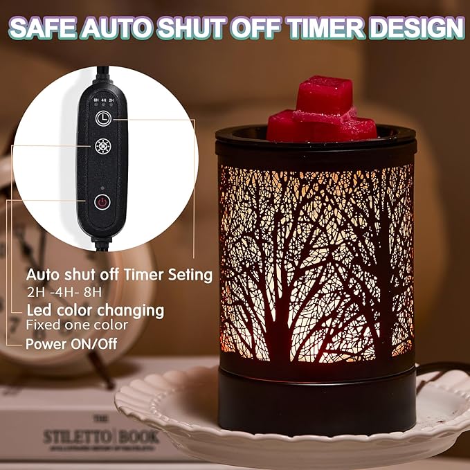 Fragrance Wax Melts Warmer with 7 Colors LED Changing Light Classic Black Forest Design Scent Oil Candle Warmer for Home Black Tree Timer