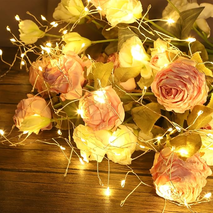 Fairy Lights 10 Feet 200 LEDs Cluster Lights Waterproof Firecracker String Light UL Plug Power Supply with Remote 8 Lighting Modes for Ceiling Bedroom Wreath Wedding Christmas, Warm White