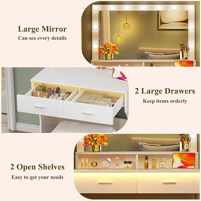 Vanity Desk with Mirror and Lights, Small Makeup Vanity with Power Outlets and RGB LED Strip, Bedoom Vanity Table Set with Cushion Stool and 2 Storage Drawers, 3 Color Modes, Bright Adjustable, White