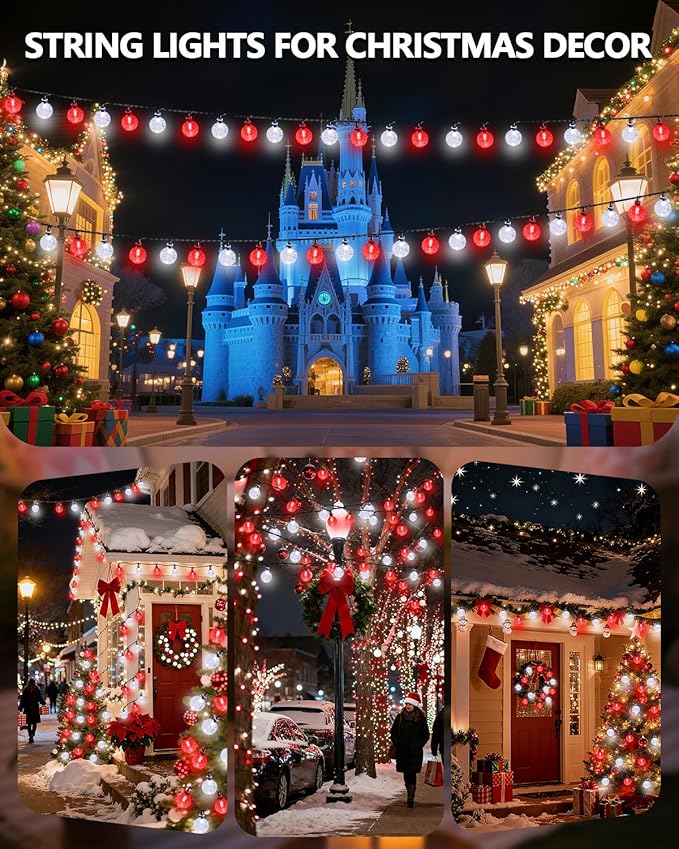 Red and White Solar String Lights Outdoor, Waterproof 2-Pack Total 100 LED 64FT Crystal Globe Solar Lights for Outside, Patio Decorations with 8 Lighting Modes for Xmas Tree Wedding Patio Party