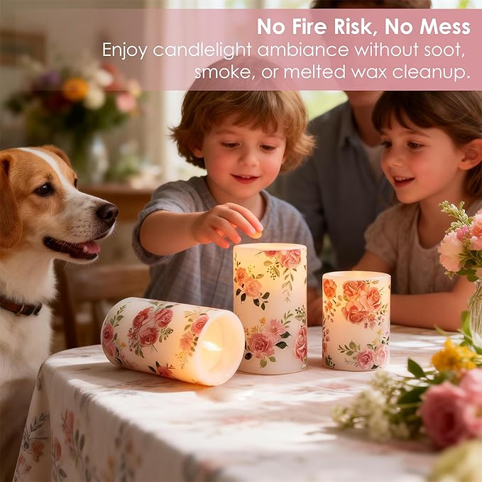 Flameless Candles with Remote, Battery Operated Candles Real Wax Pink Rose Flickering LED Candles Floral Christmas Decor Electric Pillar Candles Set of 3