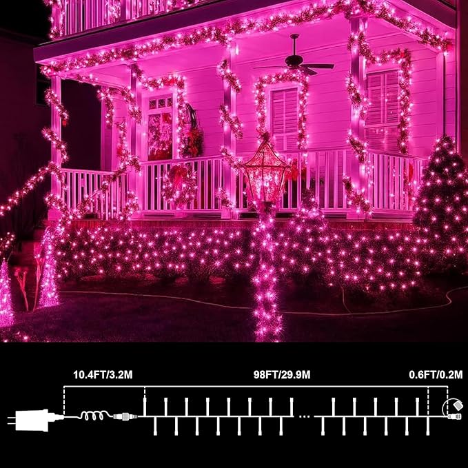 LAMPHOME 99ft Pink Valentine Lights String, 300 LED Valentines Day String Light Plug in, 16Lighting Modes Transparent Wire Fairy Starry for Indoor Outdoor Xmas Tree Wedding Party Decoration