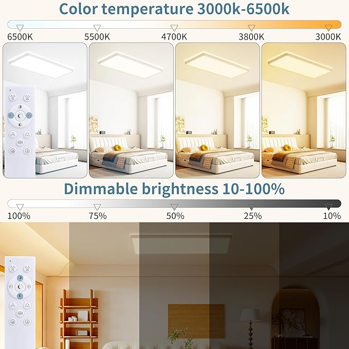 23 Inch RGB LED Flush Mount Ceiling Light with Remote, Close to Ceiling Light Fixture, 32W+7W Backlight, 3200LM Dimmable Color Changing Low Profile Rectangle, White, for Bedroom Kids Room Party