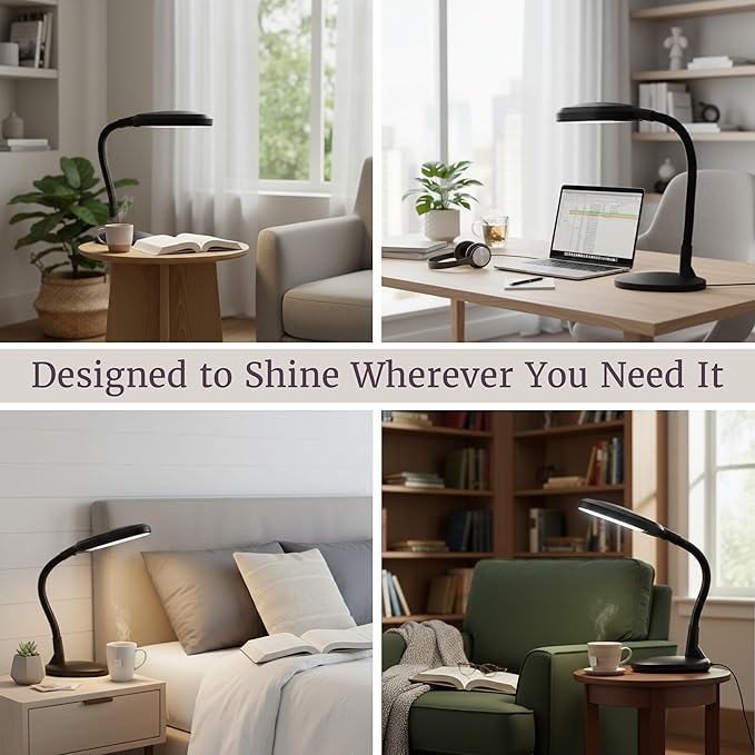 Lavish Home Desk Lamp - Natural Sunlight Lamp with Adjustable Gooseneck - Reading Light for Working, Crafting, Sewing, or Homework (Black)