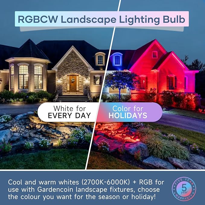 Gardencoin MR16 LED Bulb Color Changing, RGBCW Smart GU5.3 LED Bulbs Dimmable, 6W 12V Bi-Pin Base, Spotlight Bulbs Replacement for Halloween & Christmas Outdoor, WiFi Bluetooth Control (2 Pack)