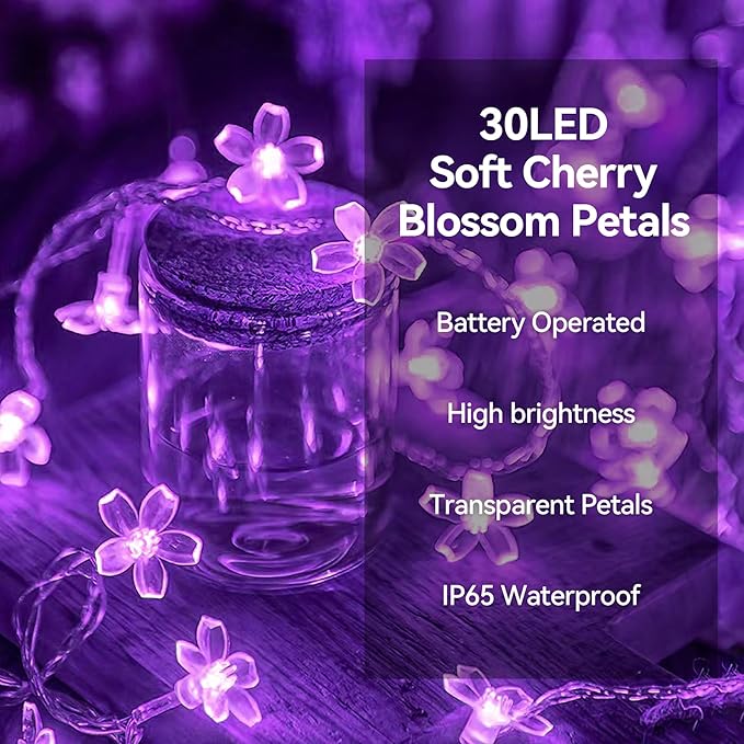 ITICdecor Flower String Lights 15FT 30LED Fairy Lights Battery Operated Indoor&Outdoor Twinkle Lighting Bedroom Decor for Party Wedding Xmas Tree(Purple)